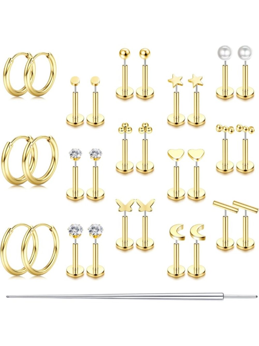 Elegant Threadless Flat Back Stud Earrings for Women & Men - 14K Gold & Silver